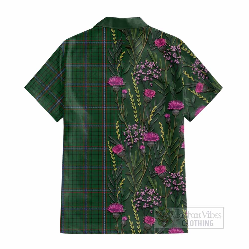 MacRae (McRae) Family Crest Tartan Cotton Hawaiian Shirt Scottish Thistle Flower Pattern Half Style - Tartan Vibes Clothing