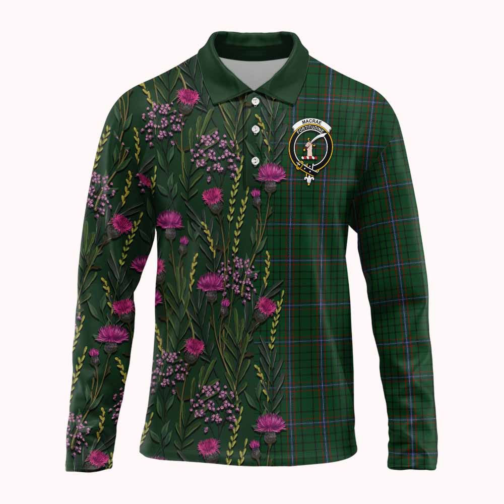 MacRae (McRae) Family Crest Tartan Long Sleeve Polo Shirt Scottish Thistle Flower Pattern Half Style - Tartan Vibes Clothing