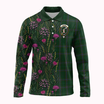 MacRae (McRae) Family Crest Tartan Long Sleeve Polo Shirt Scottish Thistle Flower Pattern Half Style