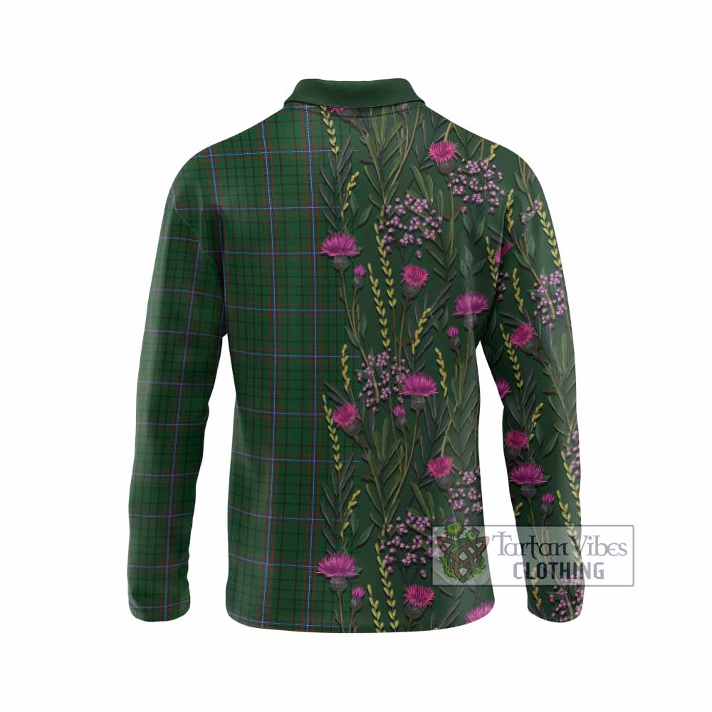 MacRae (McRae) Family Crest Tartan Long Sleeve Polo Shirt Scottish Thistle Flower Pattern Half Style - Tartan Vibes Clothing