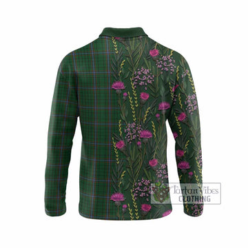 MacRae (McRae) Family Crest Tartan Long Sleeve Polo Shirt Scottish Thistle Flower Pattern Half Style
