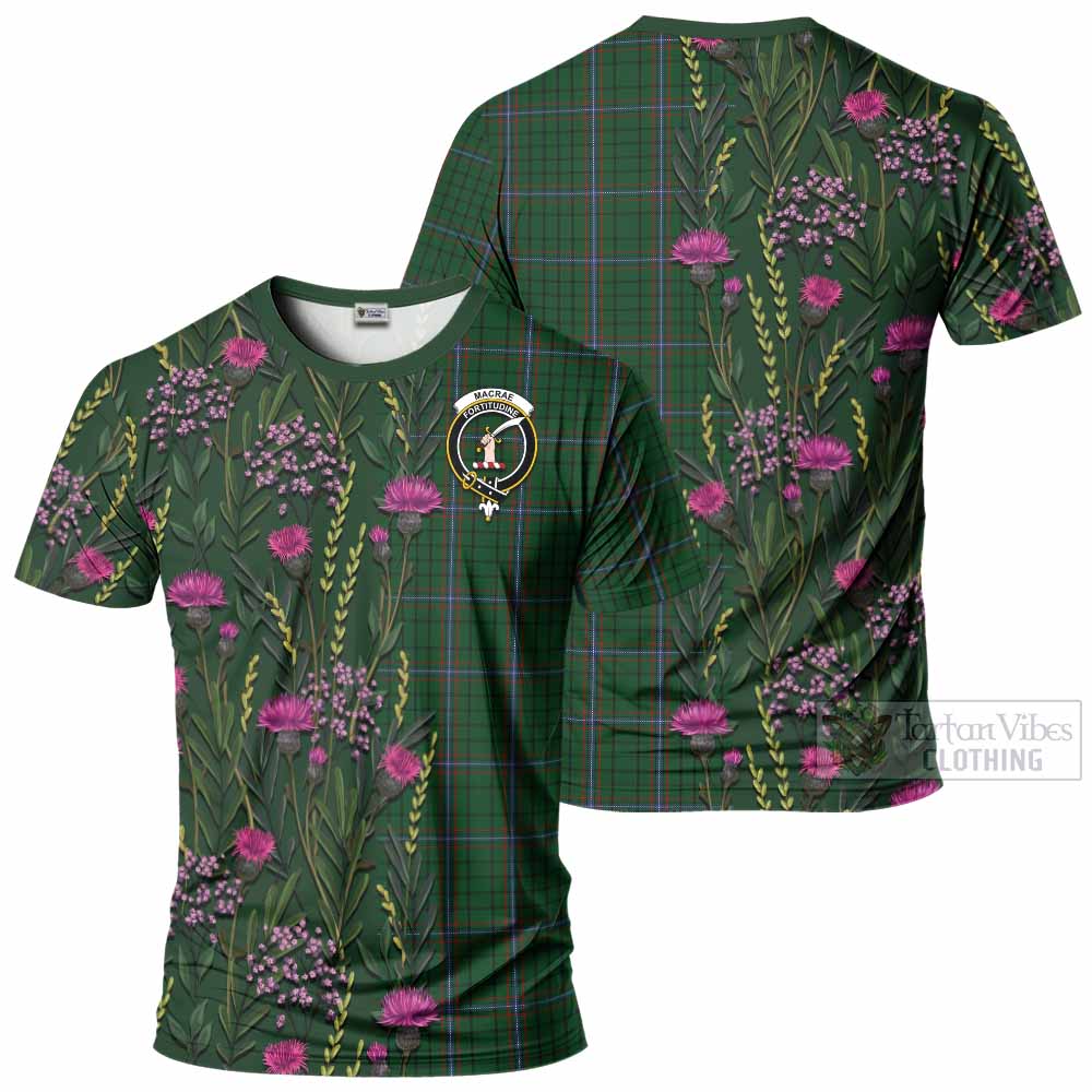 MacRae (McRae) Family Crest Tartan T-Shirt Scottish Thistle Flower Pattern Half Style - Tartan Vibes Clothing
