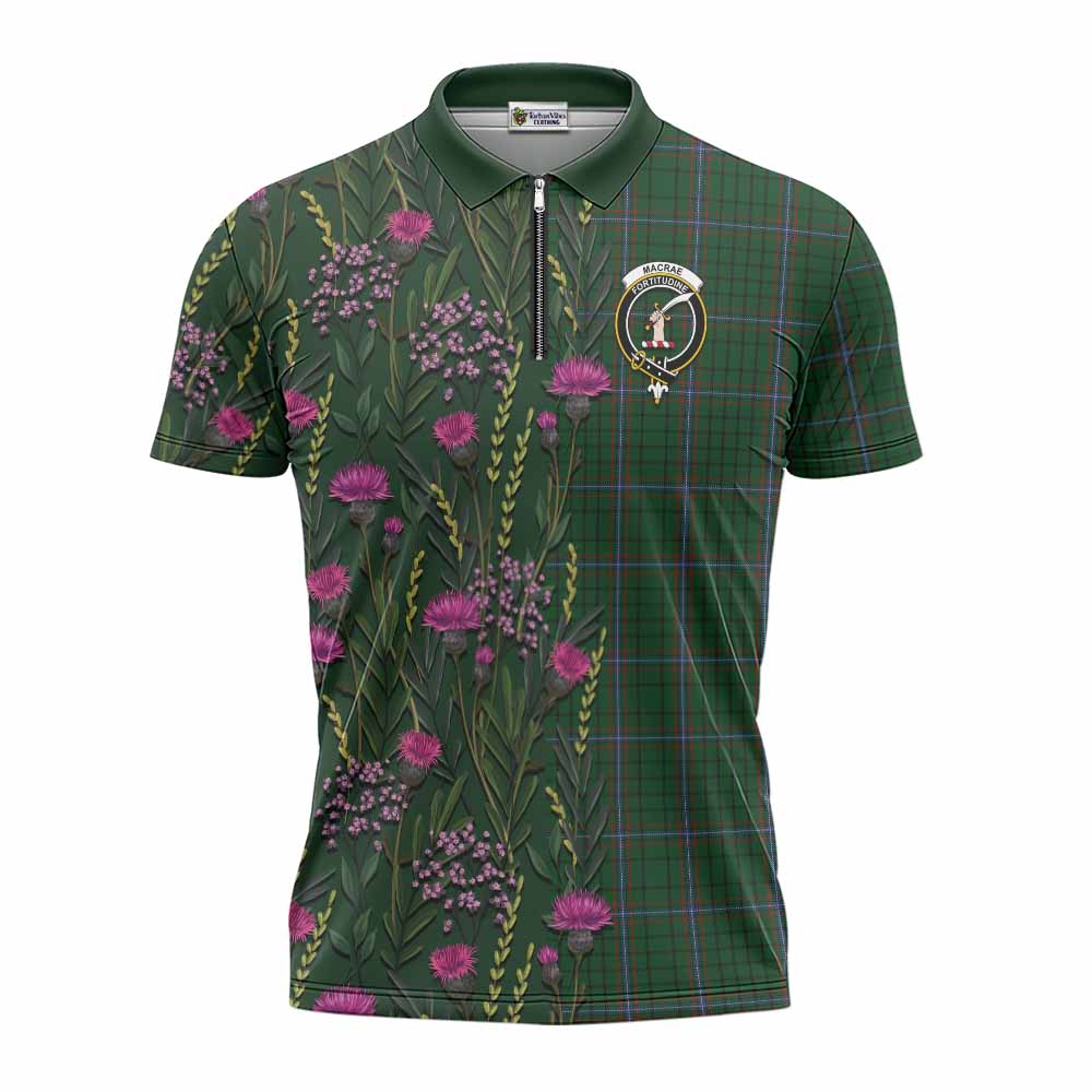 MacRae (McRae) Family Crest Tartan Zipper Polo Shirt Scottish Thistle Flower Pattern Half Style - Tartan Vibes Clothing
