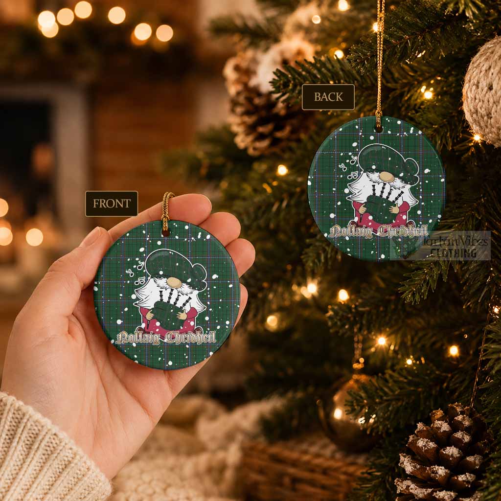 MacRae (McRae) Tartan Ceramic Circle Ornament Gnome Bagpiper - Chistmas Tree Decor