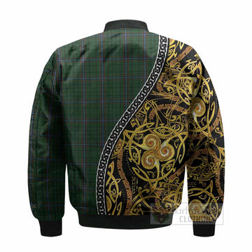MacRae (McRae) Tartan Crest Bomber Jacket Celtic Knot and Triple Trickle Spiral Symbols