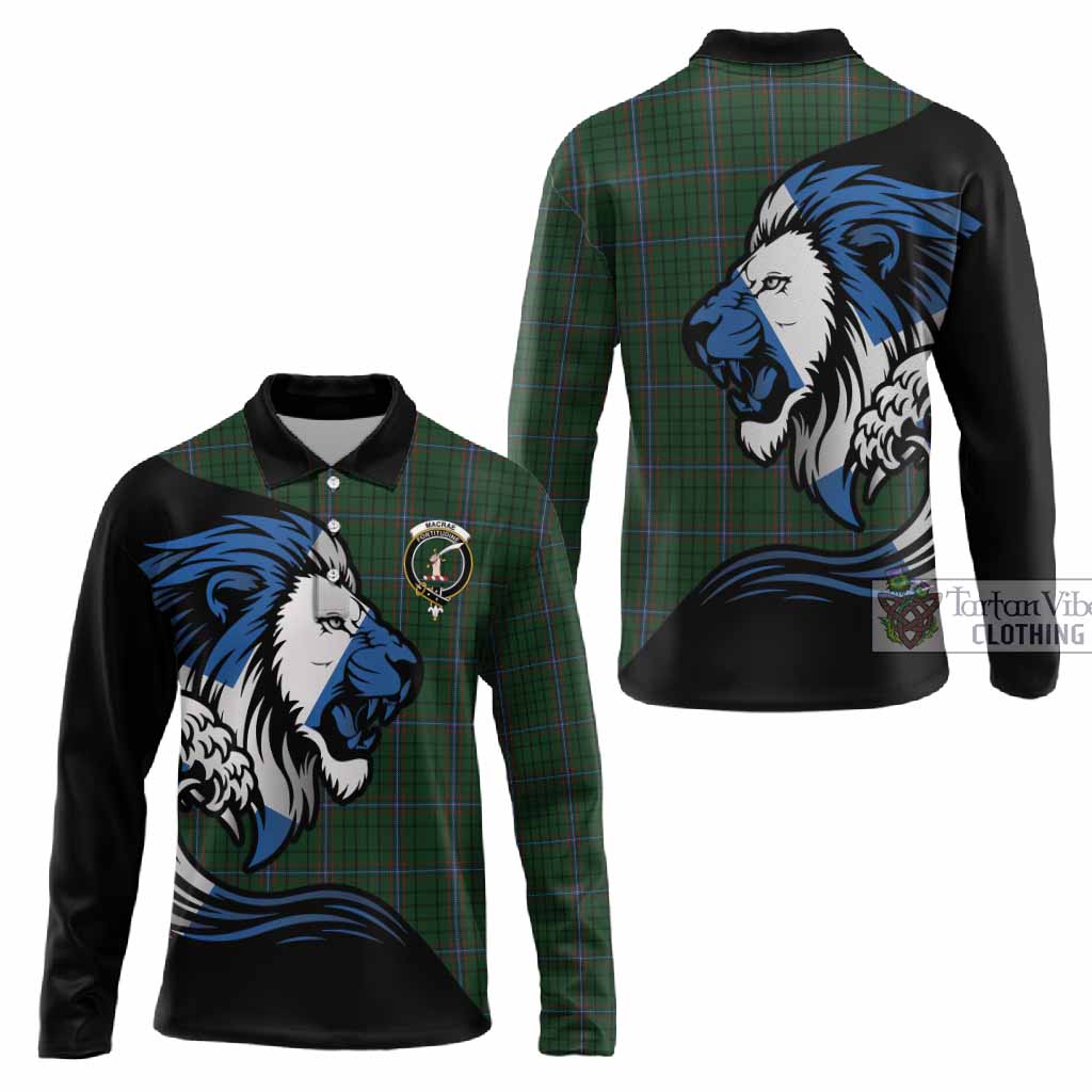 MacRae (McRae) Tartan Crest Long Sleeve Polo Shirt Scottish Golden Lions Wave Flow