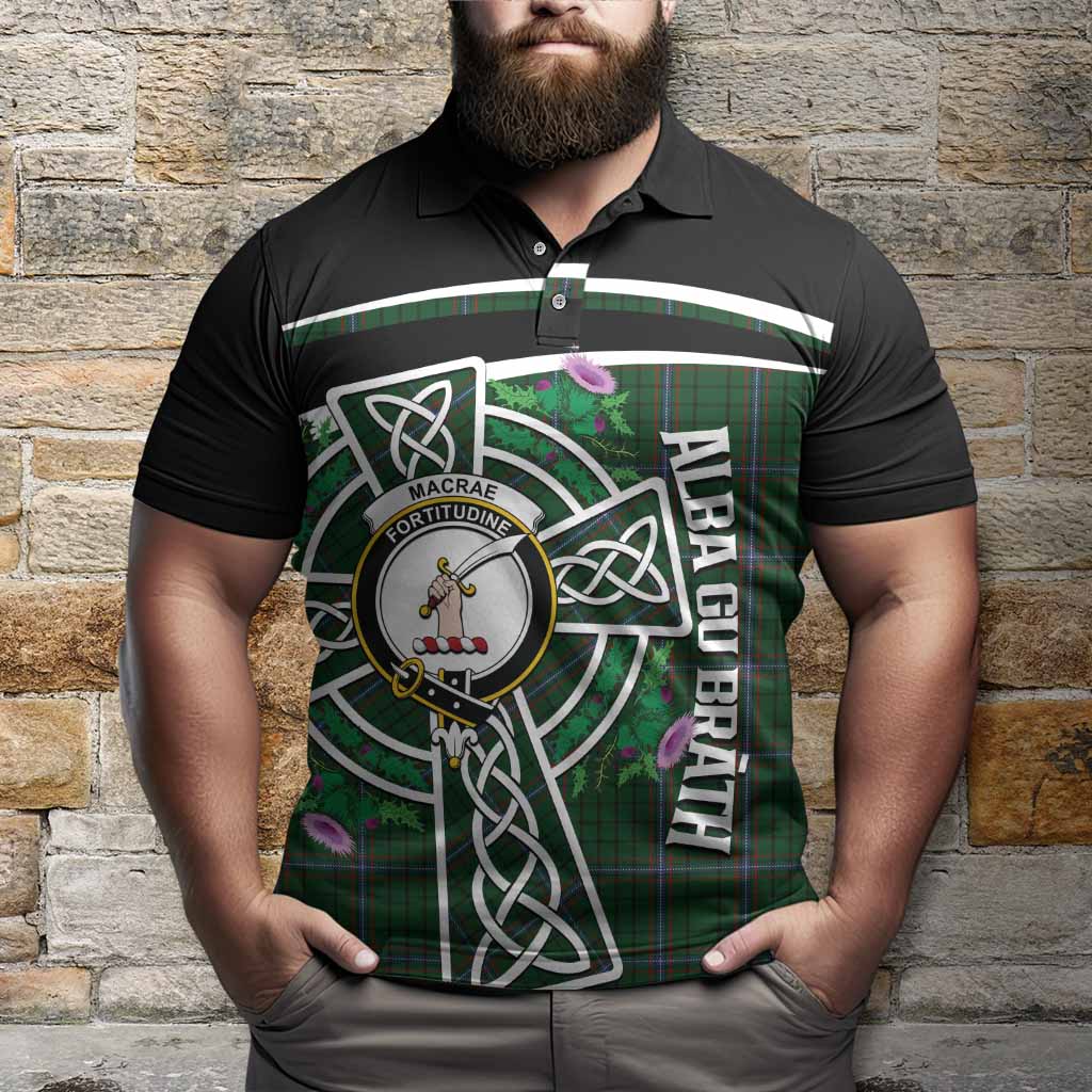 MacRae (McRae) Tartan Crest Polo Shirt Scottish Thistle Celtic Cross Alba Gu Brath