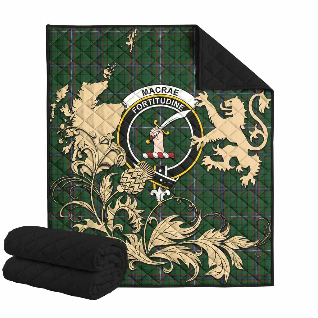MacRae (McRae) Tartan Crest Premium Quilt with Scottish Iconic Symbols 