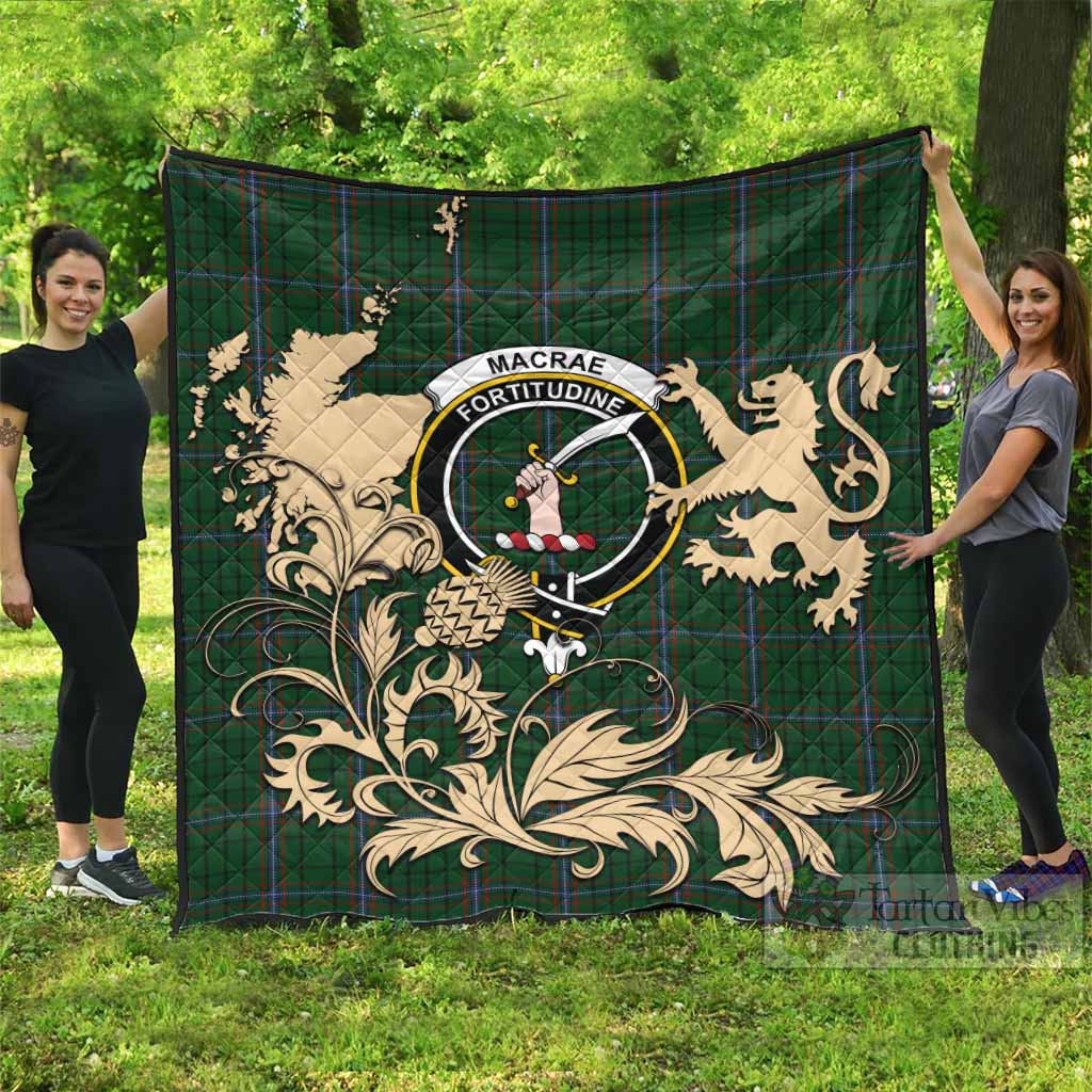 MacRae (McRae) Tartan Crest Premium Quilt with Scottish Iconic Symbols 