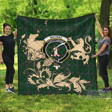 MacRae (McRae) Tartan Crest Premium Quilt with Scottish Iconic Symbols 