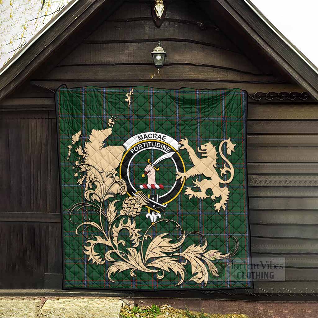 MacRae (McRae) Tartan Crest Premium Quilt with Scottish Iconic Symbols 