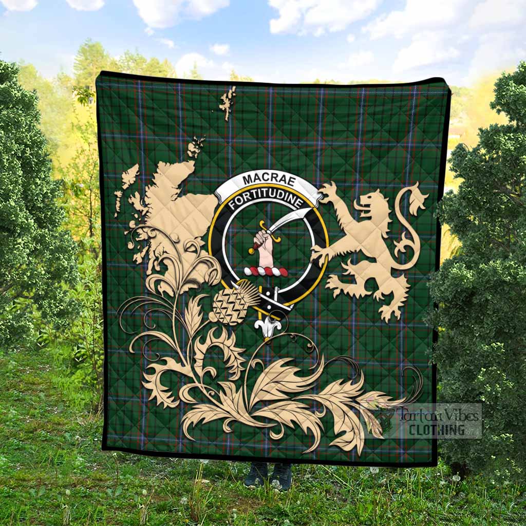 MacRae (McRae) Tartan Crest Premium Quilt with Scottish Iconic Symbols 