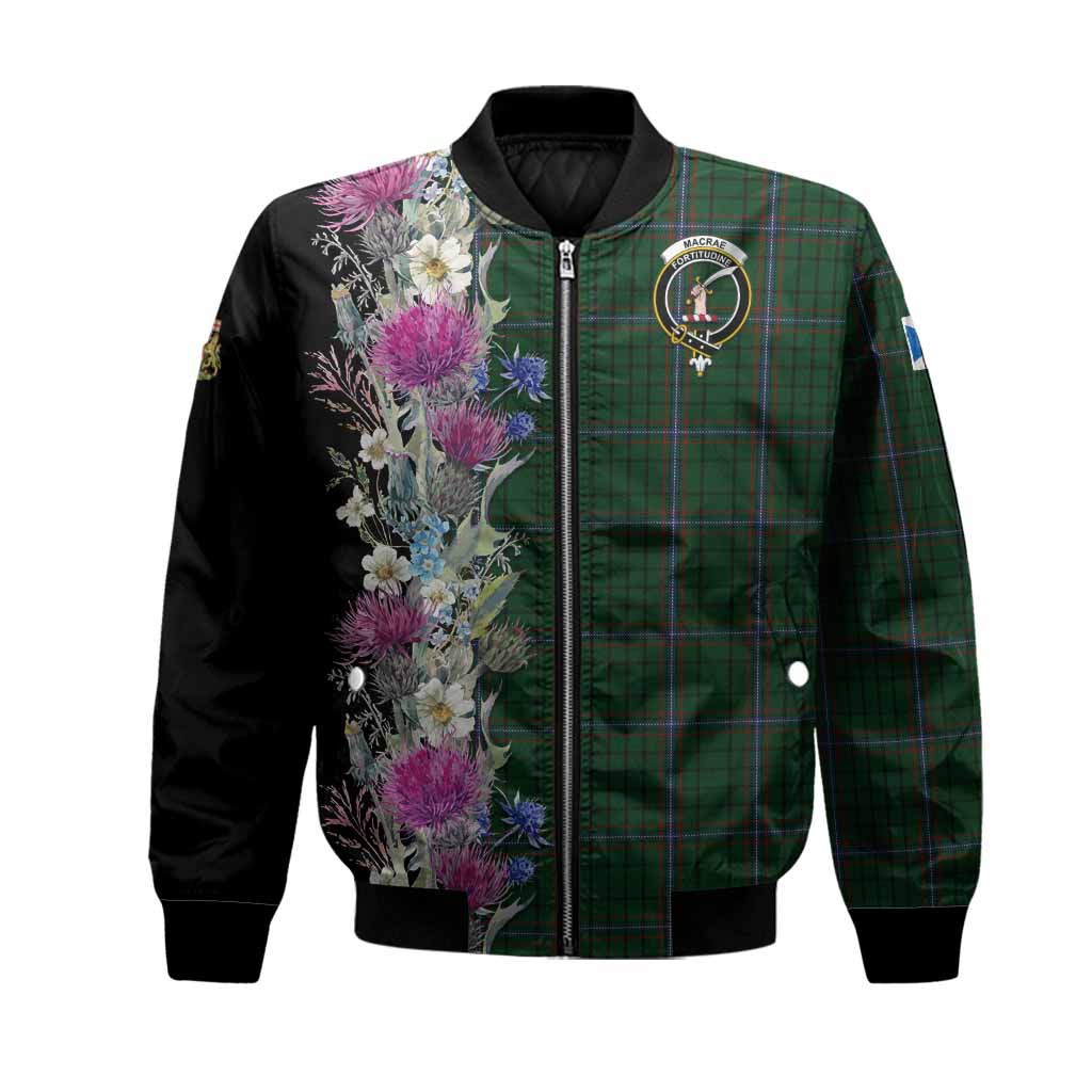 MacRae (McRae) Tartan Crest Thistle Floral Bomber Jacket Unisex Black - Tartan Vibes Clothing