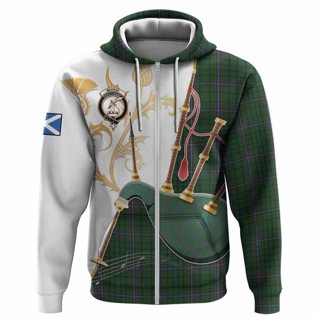 MacRae (McRae) Tartan Family Crest Hoodie Bagpipes with Scottish Thistle