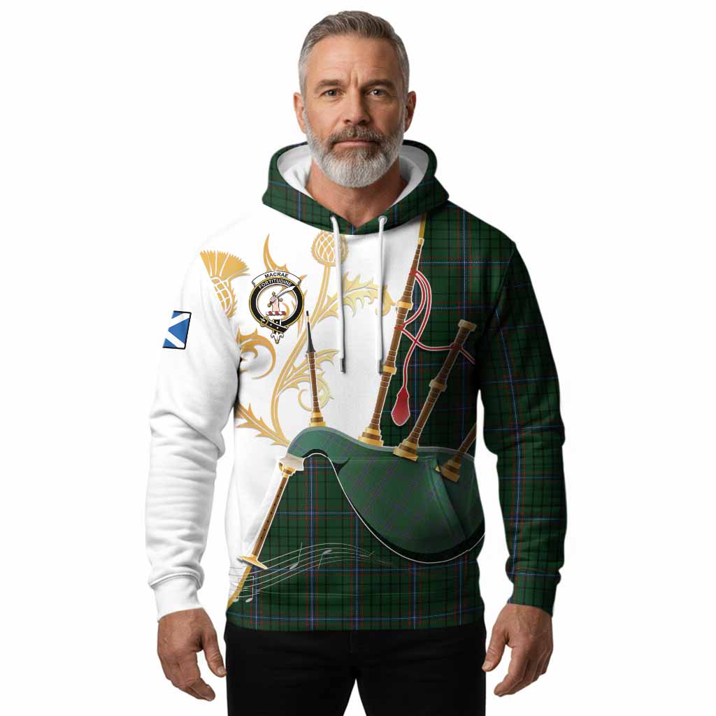 MacRae (McRae) Tartan Family Crest Hoodie Bagpipes with Scottish Thistle
