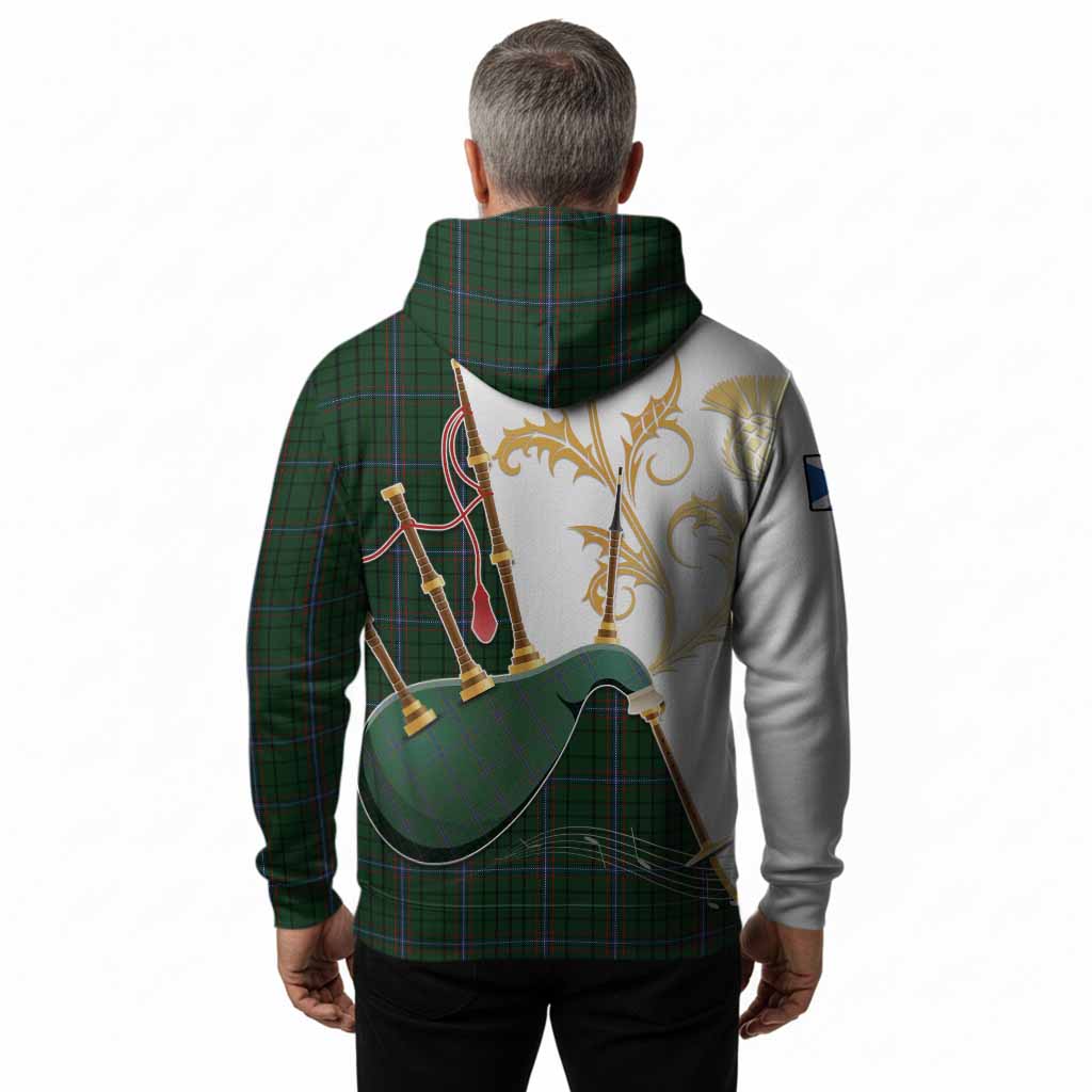 MacRae (McRae) Tartan Family Crest Hoodie Bagpipes with Scottish Thistle