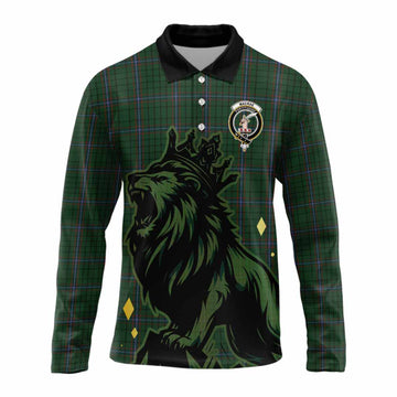 MacRae (McRae) Tartan Family Crest Long Sleeve Polo Shirt Crowned Lion Roaring