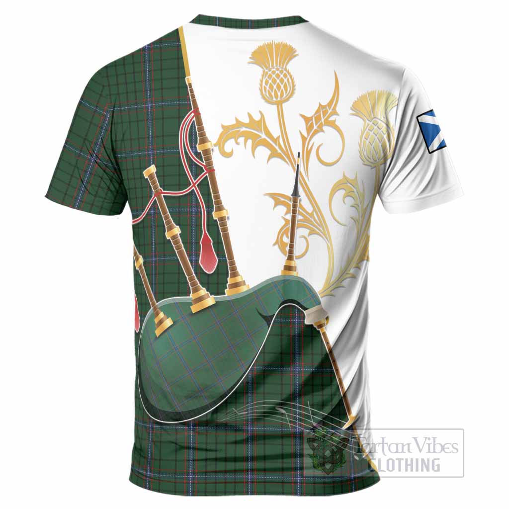 MacRae (McRae) Tartan Family Crest T-Shirt Bagpipes with Scottish Thistle