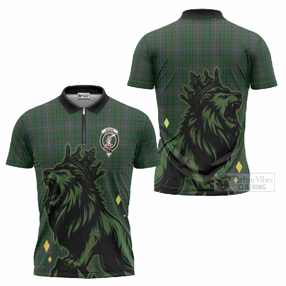 MacRae (McRae) Tartan Family Crest Zipper Polo Shirt Crowned Lion Roaring