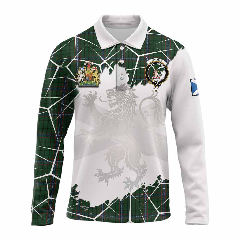 MacRae (McRae) Tartan Long Sleeve Polo Shirt with Family Crest and Lion Rampant Grunge Style