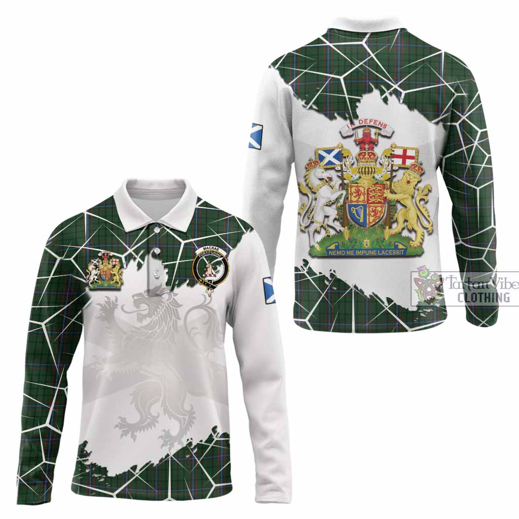 MacRae (McRae) Tartan Long Sleeve Polo Shirt with Family Crest and Lion Rampant Grunge Style
