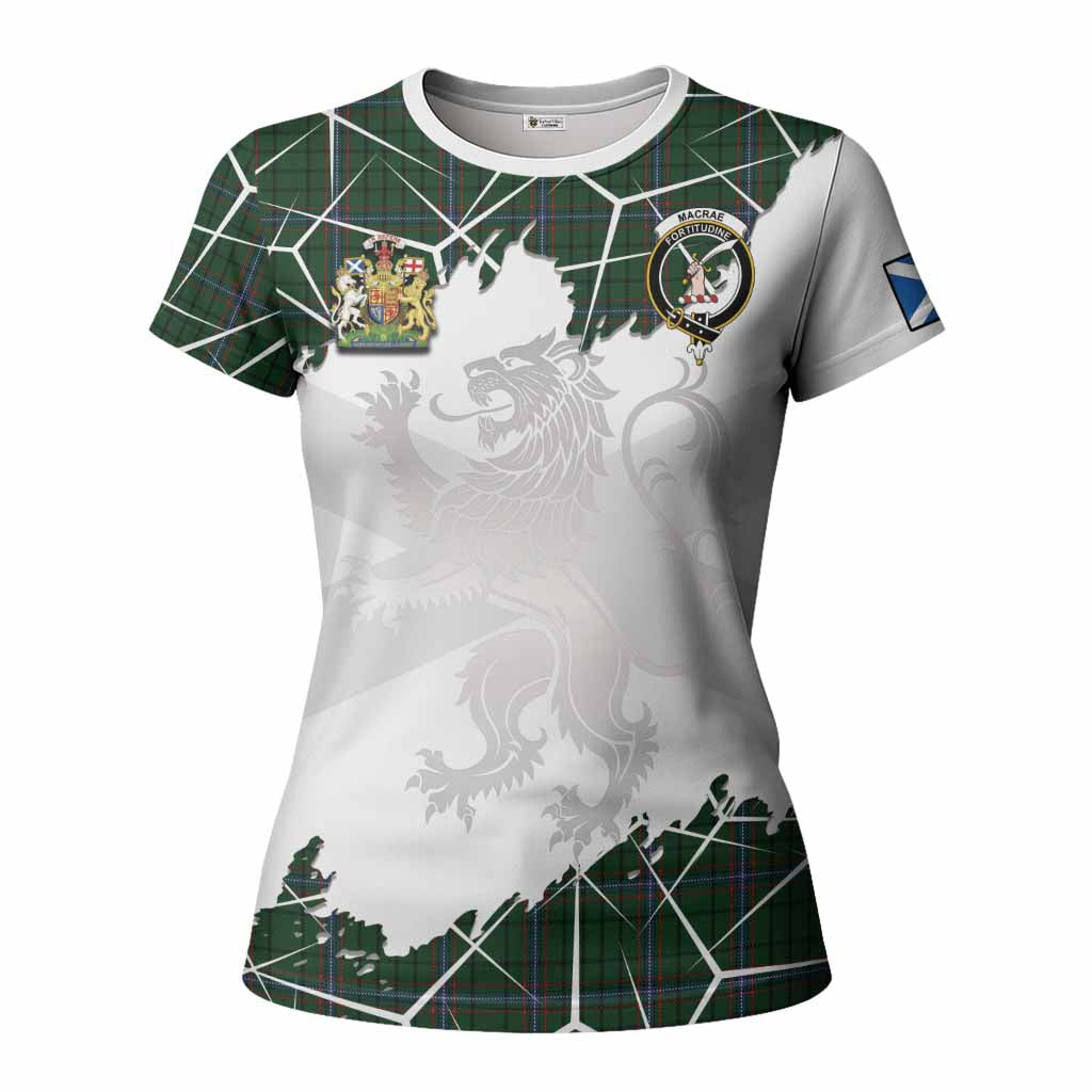 MacRae (McRae) Tartan Women T shirt with Family Crest and Lion Rampant Grunge Style