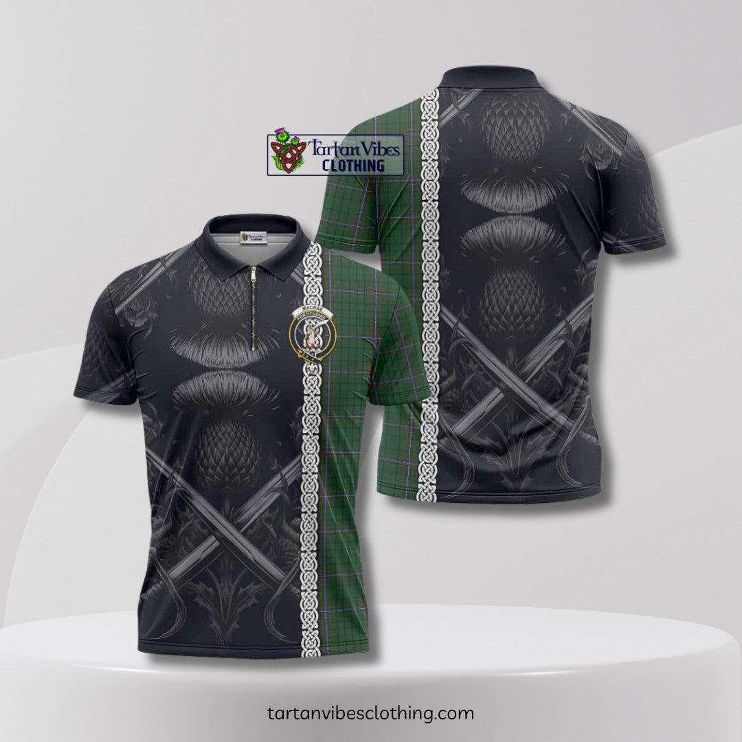 MacRae (McRae) Tartan Zipper Polo Shirt with Family Crest Cross Sword Thistle Celtic Vibes