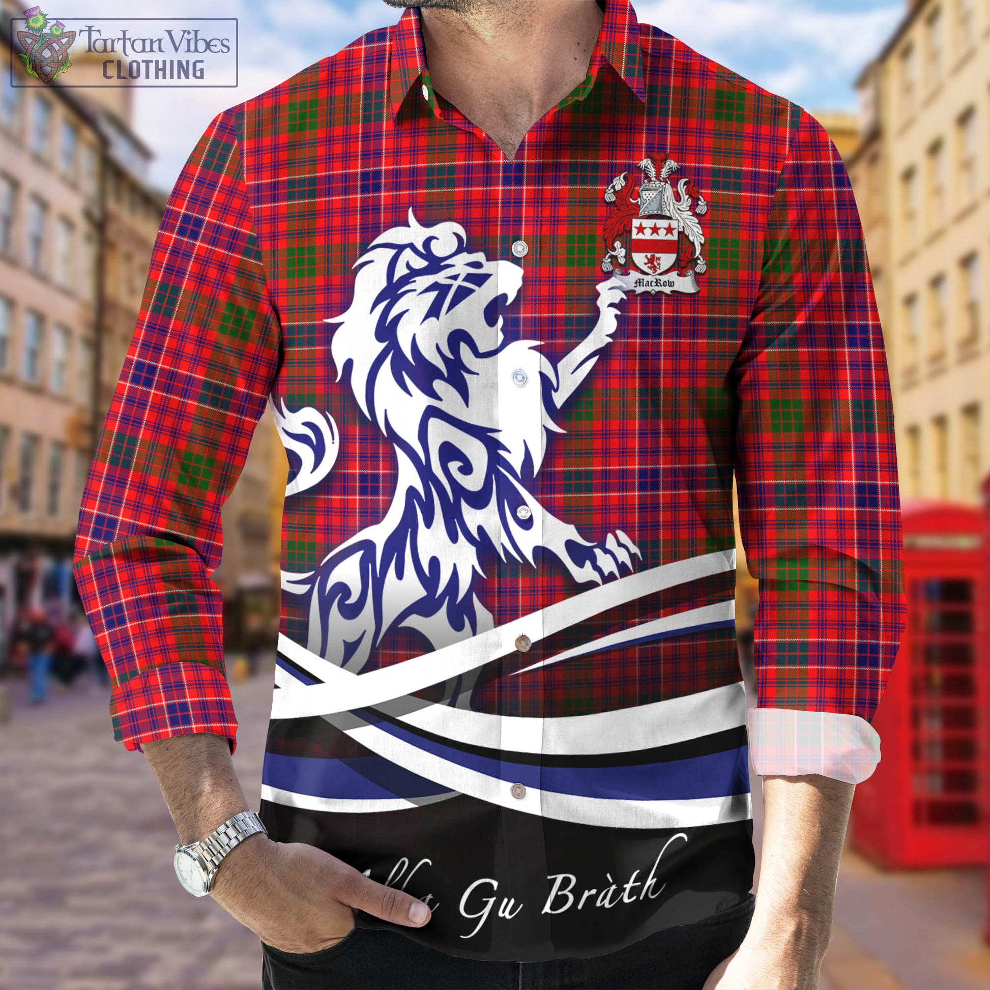 MacRow Tartan Long Sleeve Button Up Shirt with Alba Gu Brath Regal Lion Emblem Men's Shirt - Tartan Vibes Clothing