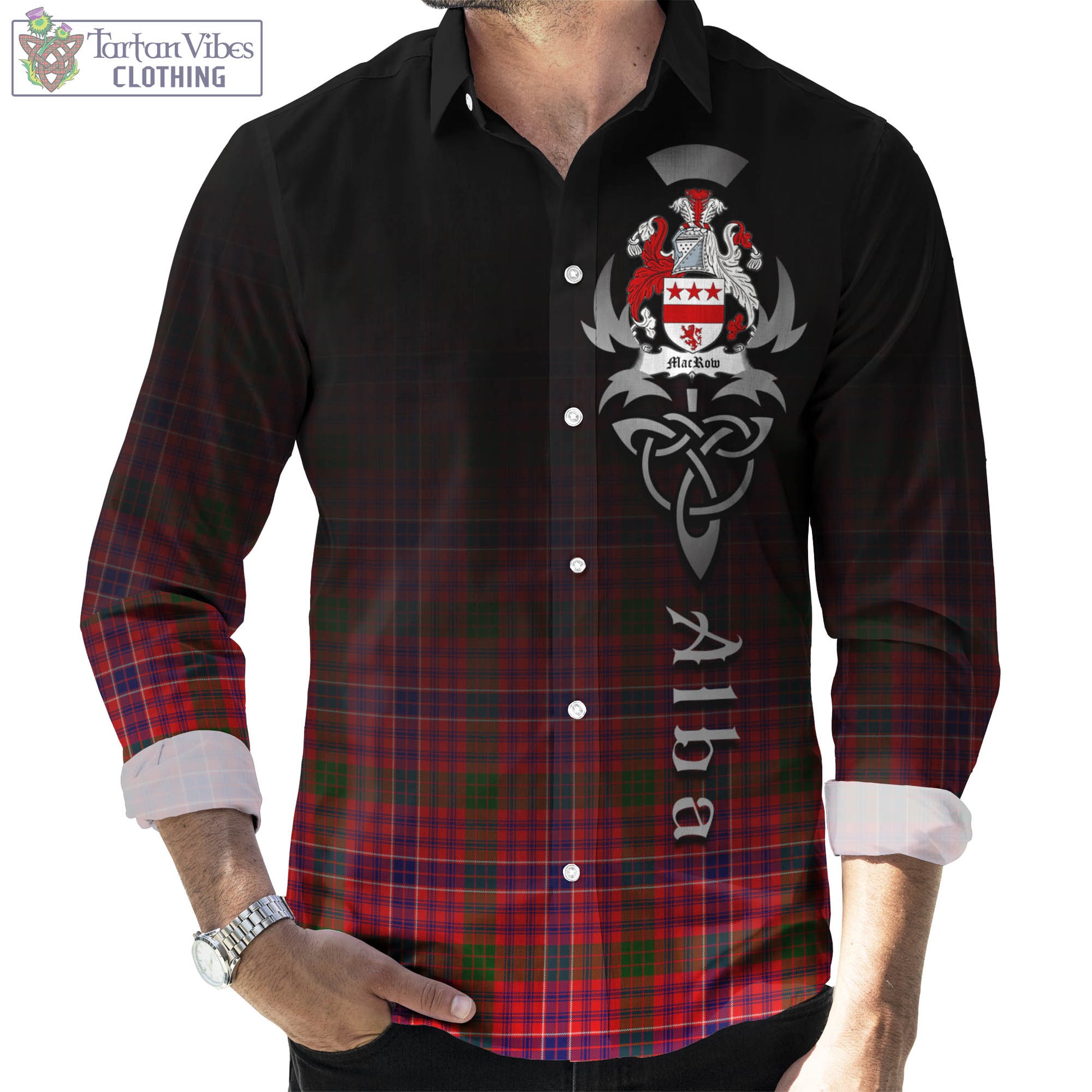 MacRow Tartan Long Sleeve Button Up Featuring Alba Gu Brath Family Crest Celtic Inspired Men's Shirt - Tartan Vibes Clothing