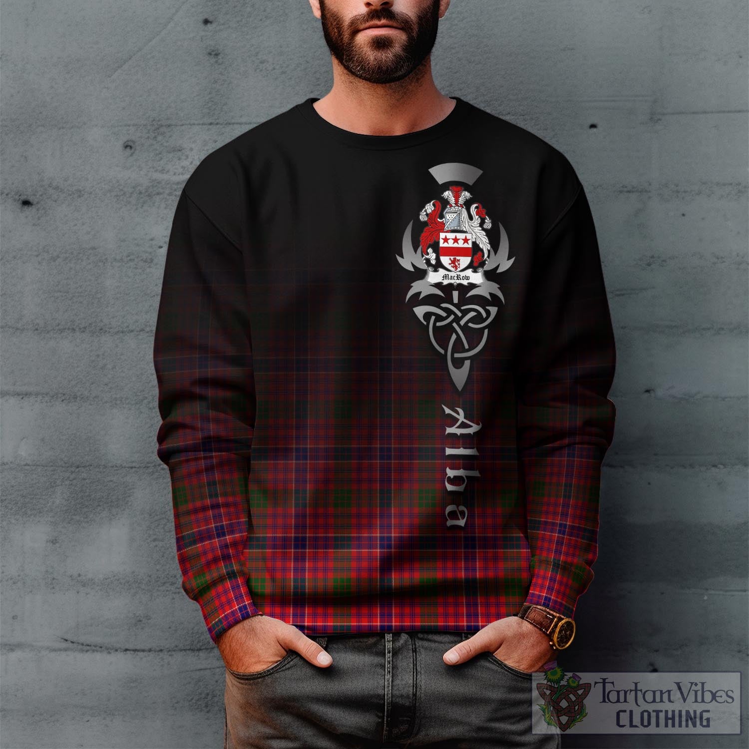 MacRow Tartan Sweatshirt Featuring Alba Gu Brath Family Crest Celtic Inspired Unisex - Tartan Vibes Clothing