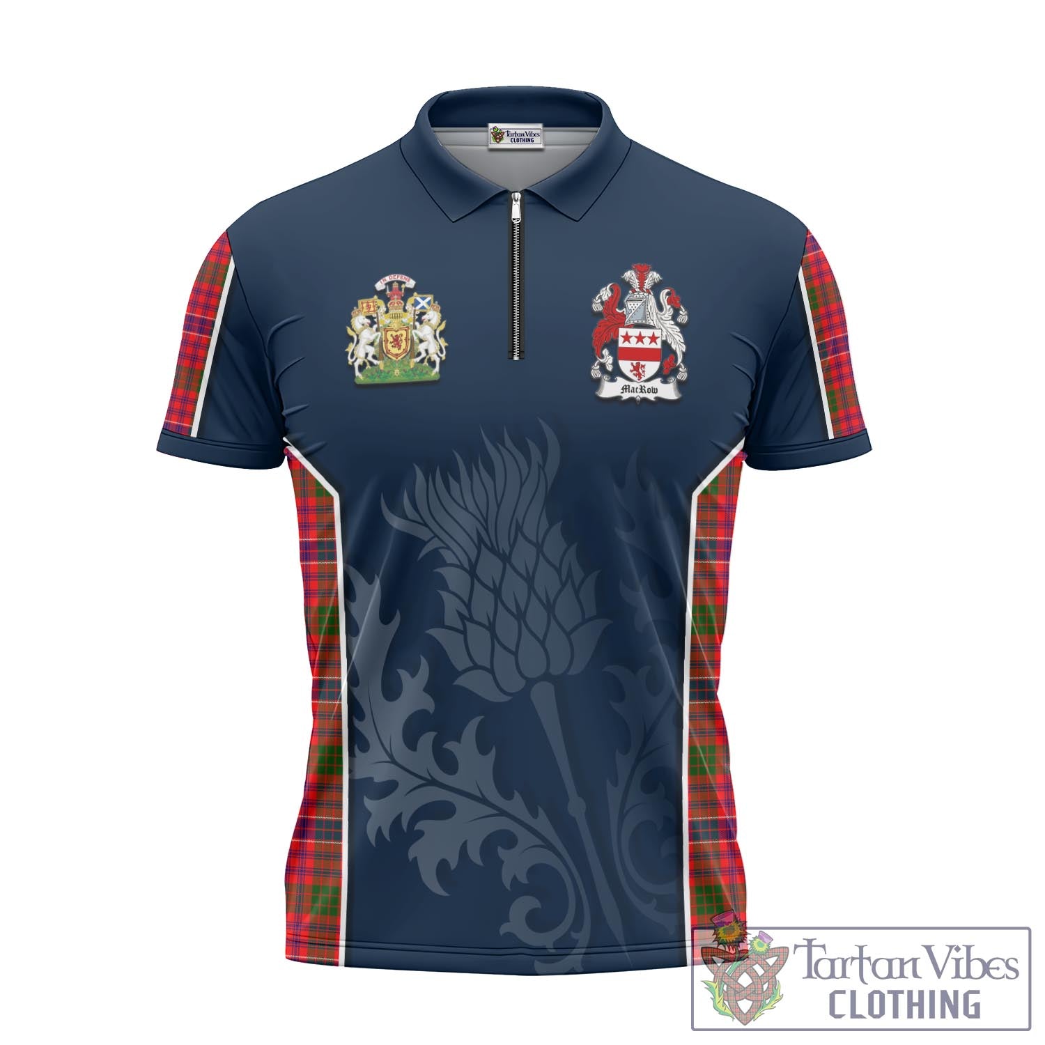 Tartan Vibes Clothing MacRow Tartan Zipper Polo Shirt with Family Crest and Scottish Thistle Vibes Sport Style