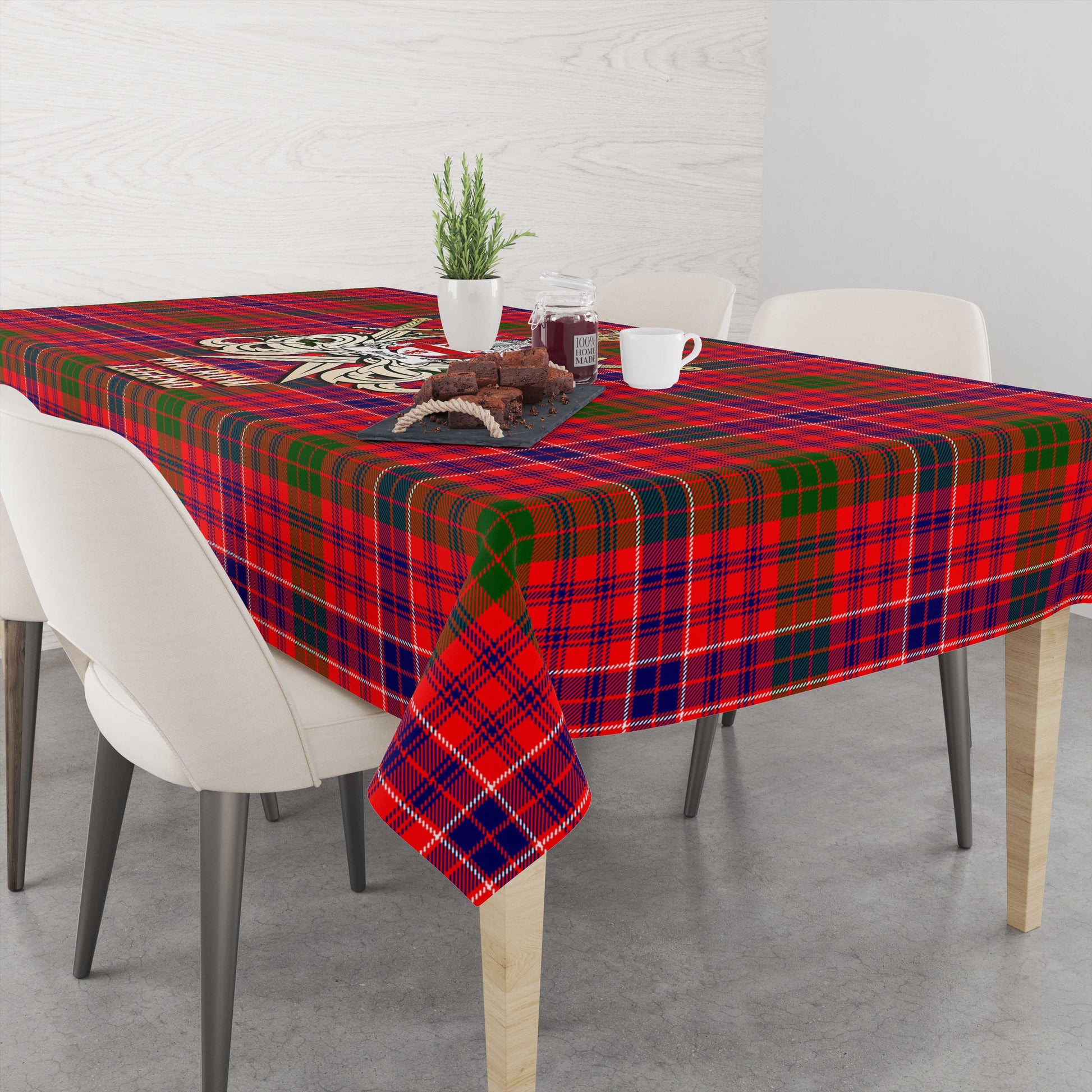 Tartan Vibes Clothing MacRow Tartan Tablecloth with Clan Crest and the Golden Sword of Courageous Legacy