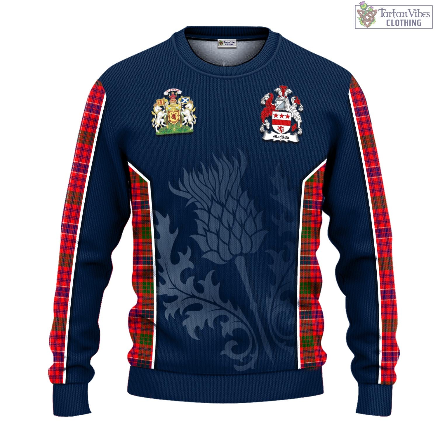 MacRow Tartan Knitted Sweatshirt with Family Crest and Scottish Thistle Vibes Sport Style - Tartan Vibes Clothing