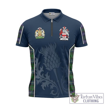 MacRow Hunting Tartan Zipper Polo Shirt with Family Crest and Scottish Thistle Vibes Sport Style Unisex - Tartan Vibes Clothing