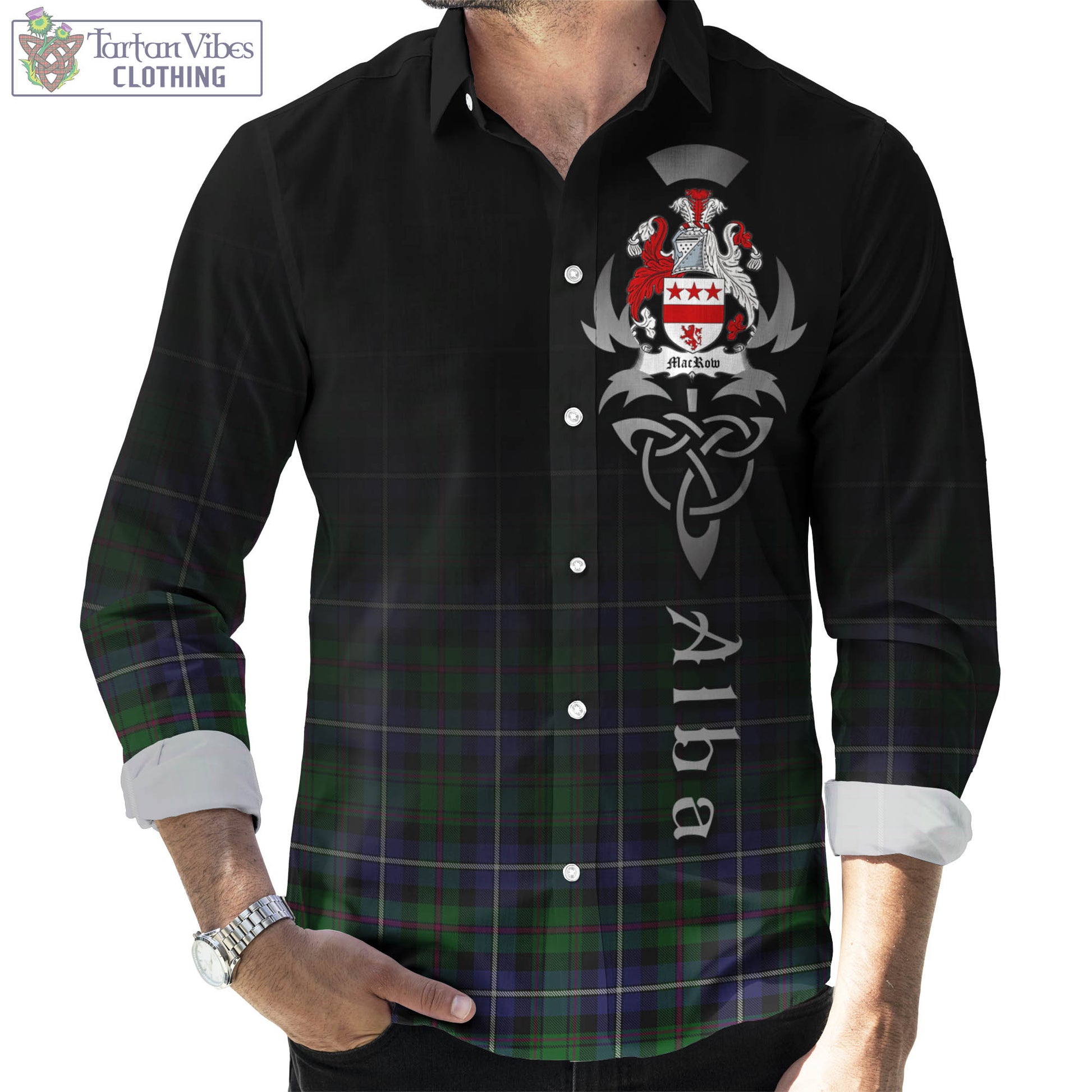 MacRow Hunting Tartan Long Sleeve Button Up Featuring Alba Gu Brath Family Crest Celtic Inspired Men's Shirt - Tartan Vibes Clothing