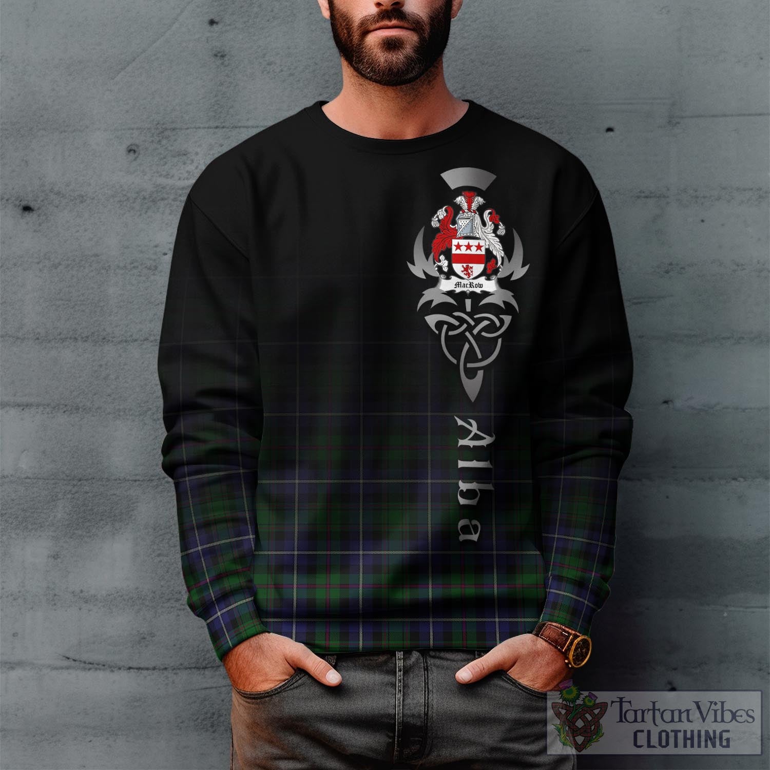 MacRow Hunting Tartan Sweatshirt Featuring Alba Gu Brath Family Crest Celtic Inspired Unisex - Tartan Vibes Clothing
