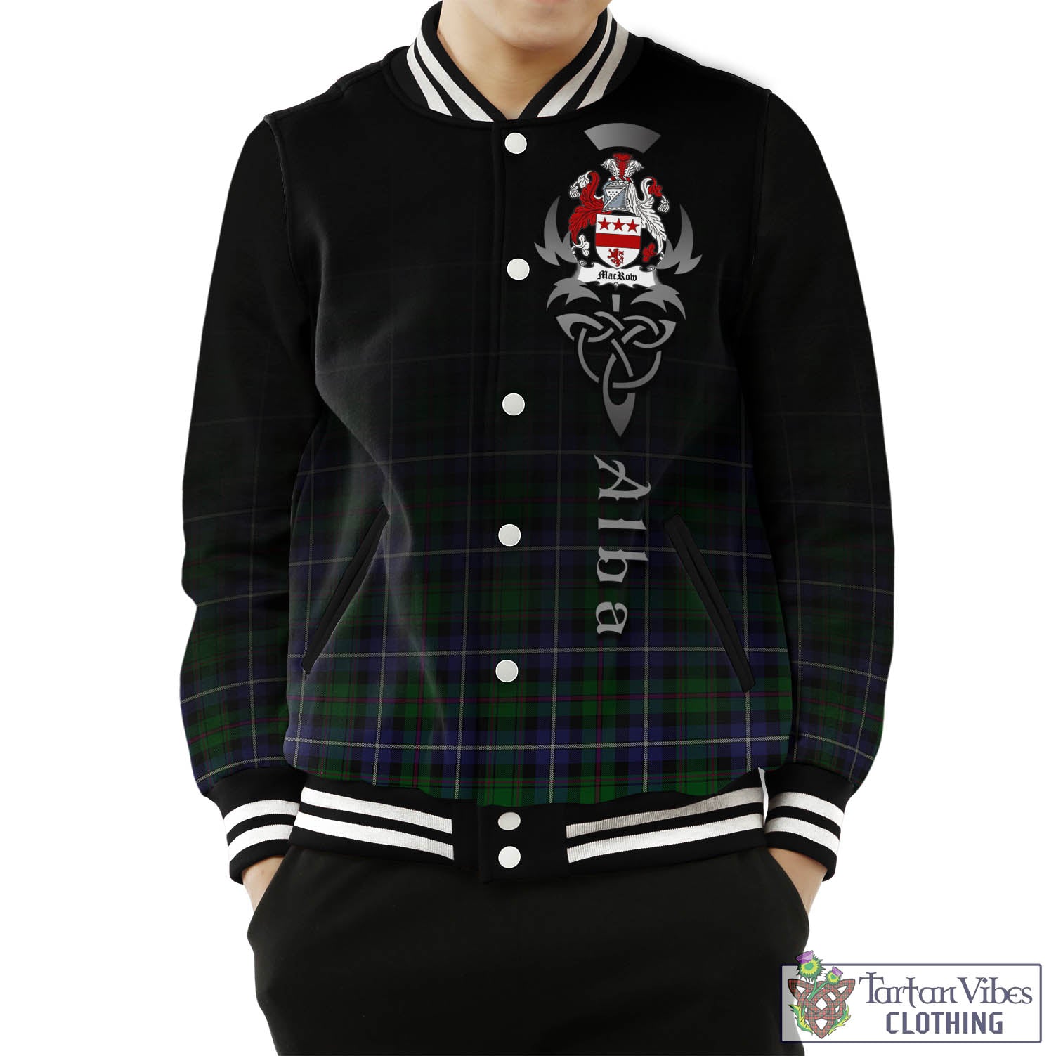 MacRow Hunting Tartan Baseball Jacket Featuring Alba Gu Brath Family Crest Celtic Inspired Unisex - Tartan Vibes Clothing