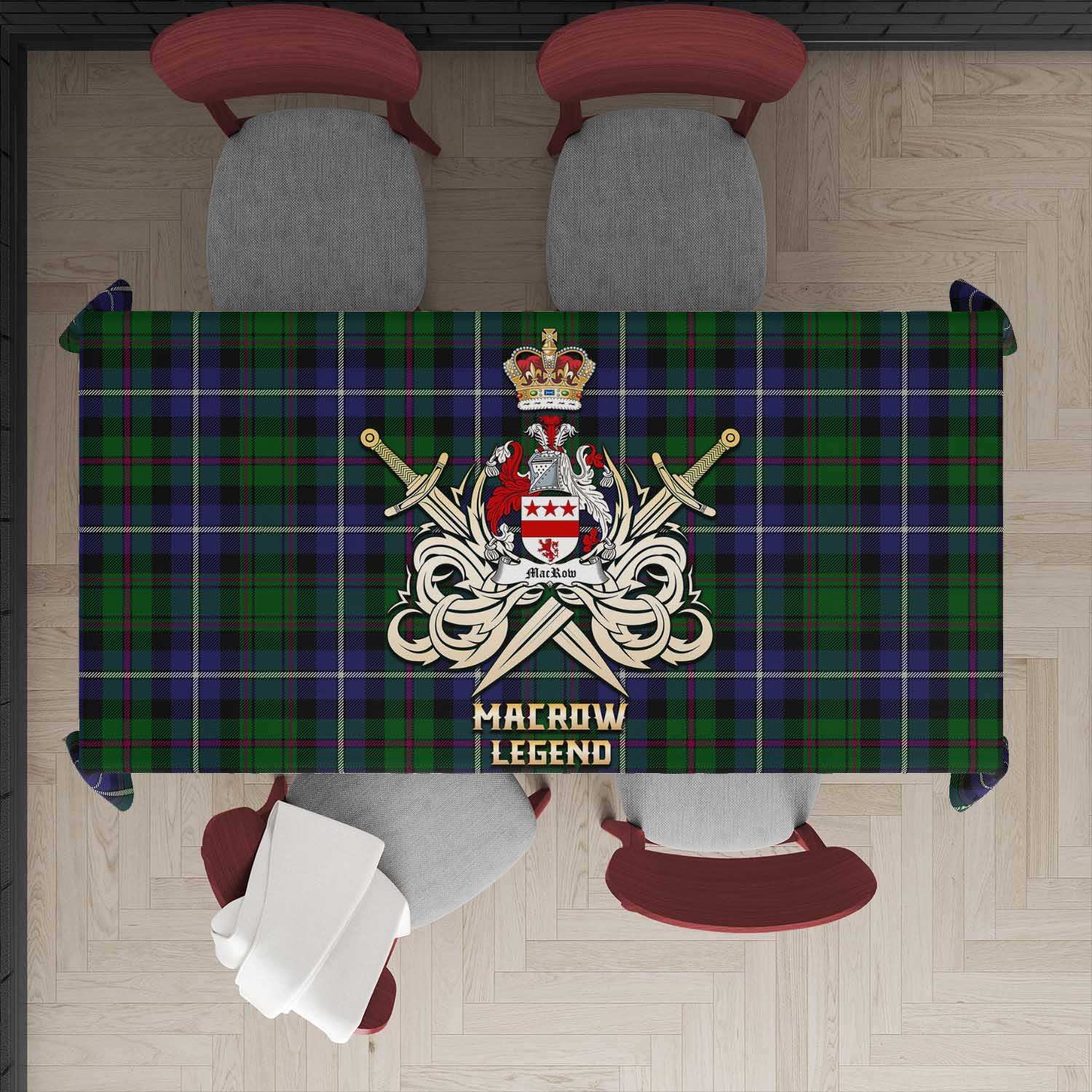 Tartan Vibes Clothing MacRow Hunting Tartan Tablecloth with Clan Crest and the Golden Sword of Courageous Legacy