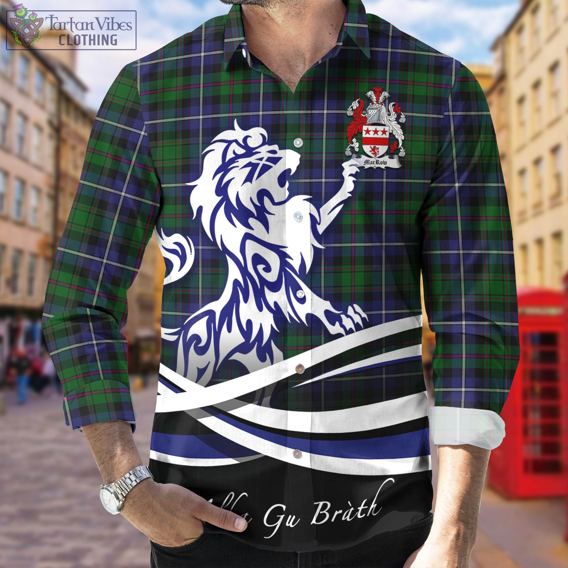 MacRow Hunting Tartan Long Sleeve Button Up Shirt with Alba Gu Brath Regal Lion Emblem Men's Shirt - Tartan Vibes Clothing