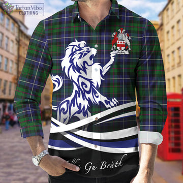MacRow Hunting Tartan Long Sleeve Button Up Shirt with Alba Gu Brath Regal Lion Emblem Men's Shirt - Tartan Vibes Clothing