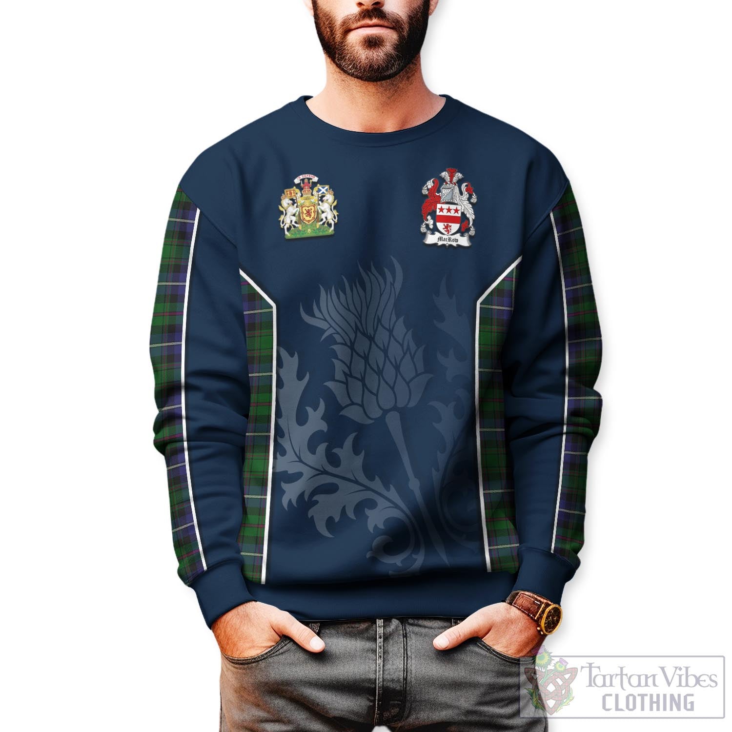 MacRow Hunting Tartan Sweatshirt with Family Crest and Scottish Thistle Vibes Sport Style Unisex - Tartan Vibes Clothing