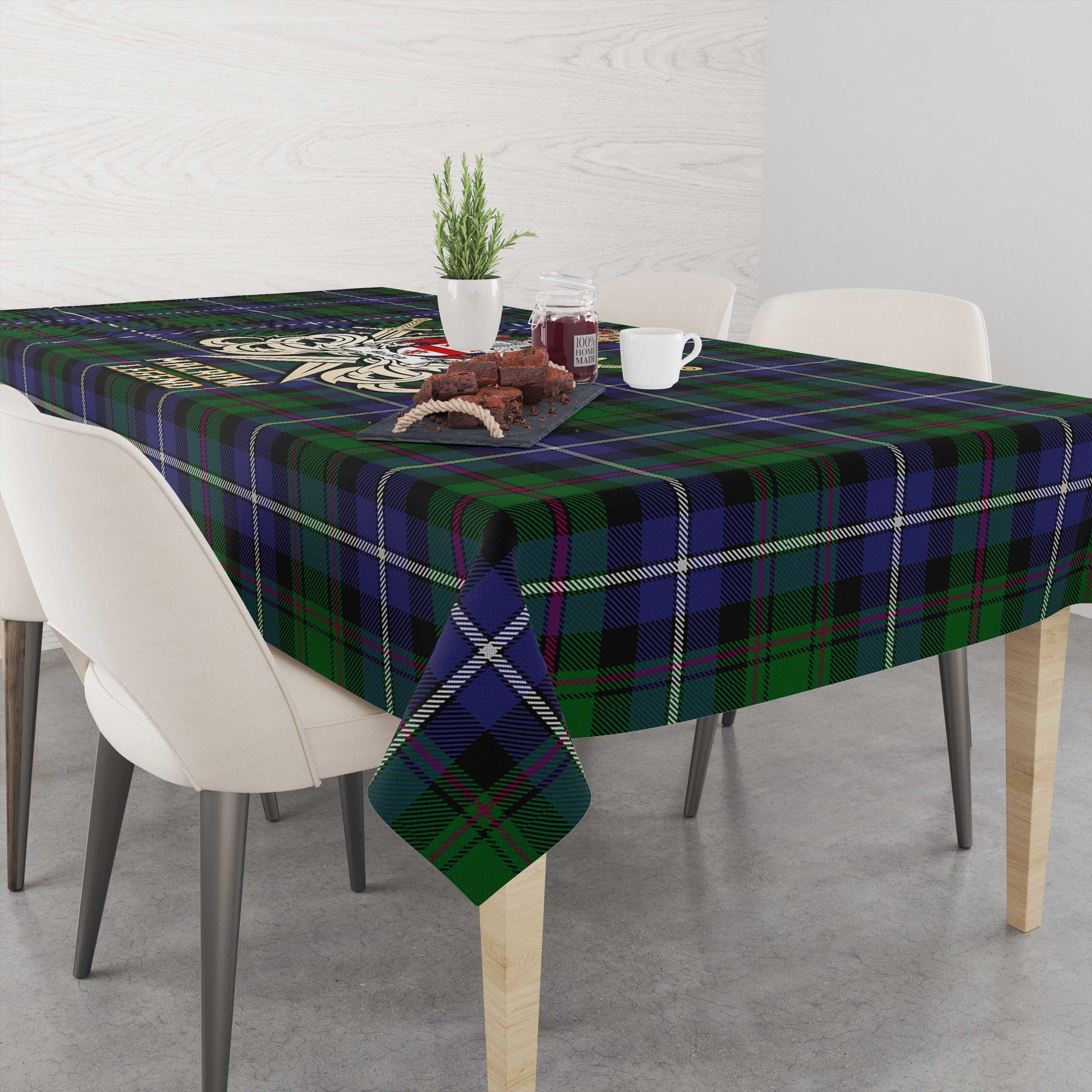 Tartan Vibes Clothing MacRow Hunting Tartan Tablecloth with Clan Crest and the Golden Sword of Courageous Legacy