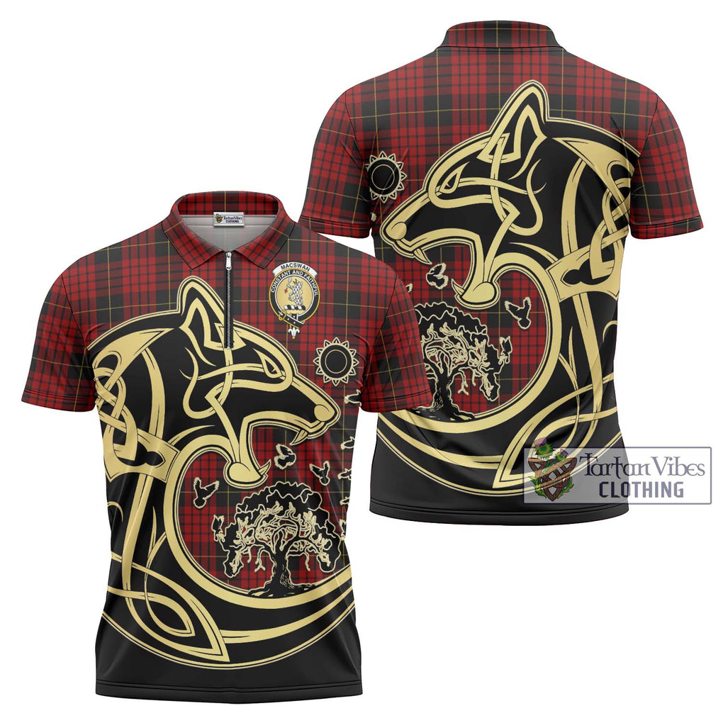 MacSwan Tartan Zipper Polo Shirt with Family Crest Celtic Wolf Style Unisex - Tartan Vibes Clothing