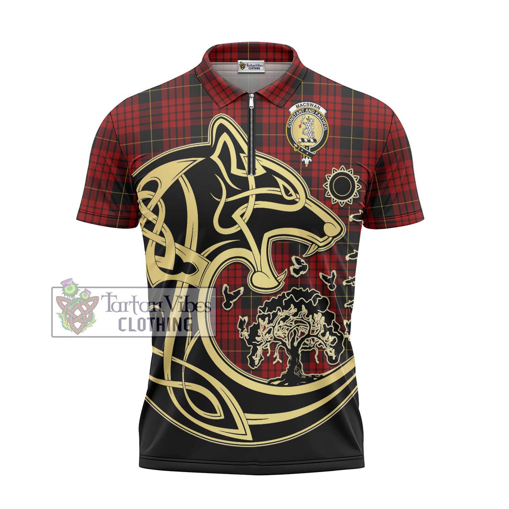 MacSwan Tartan Zipper Polo Shirt with Family Crest Celtic Wolf Style - Tartan Vibes Clothing
