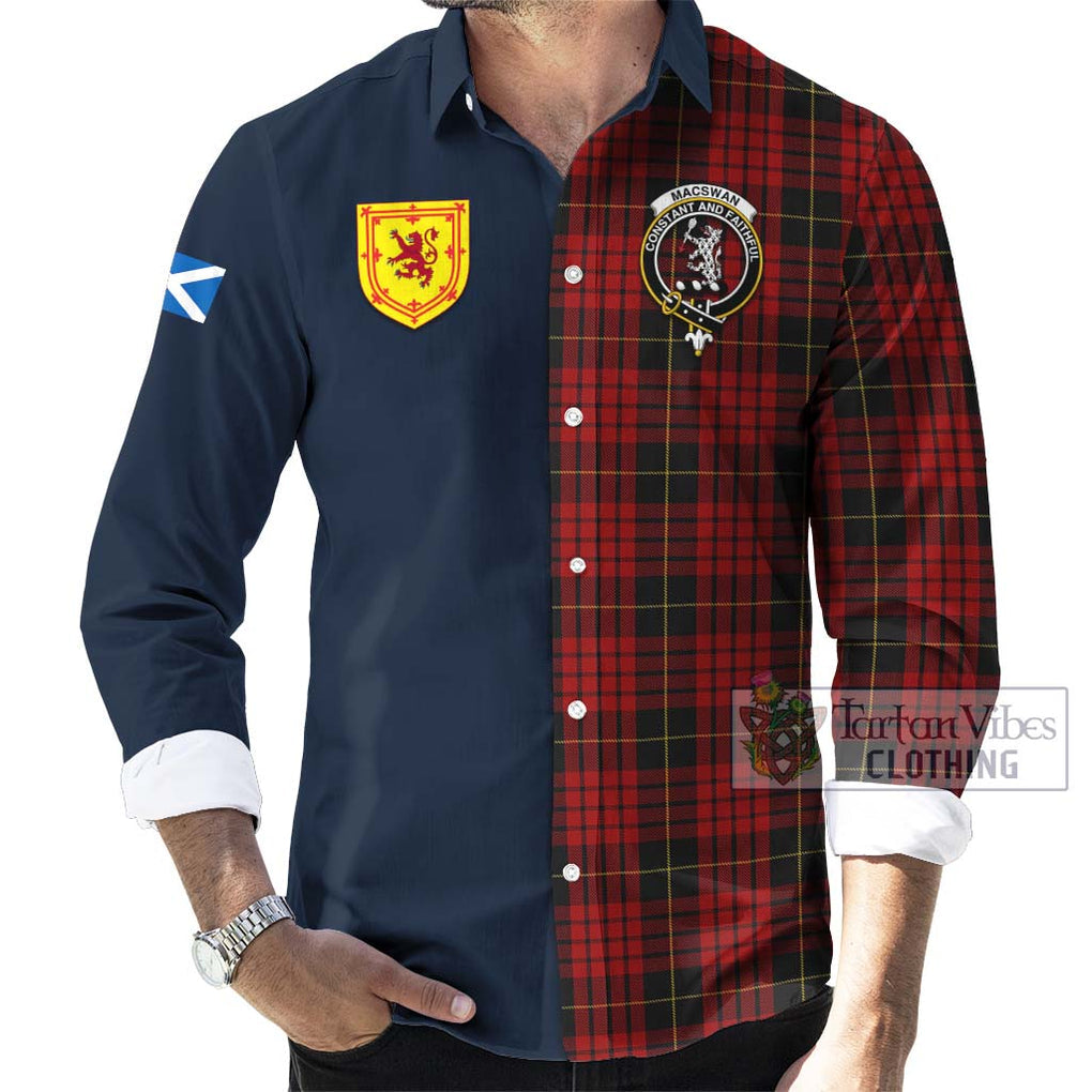 MacSwan Tartan Long Sleeve Button Shirt Alba with Scottish Lion Royal Arm Half Style Men's Shirt - Tartan Vibes Clothing