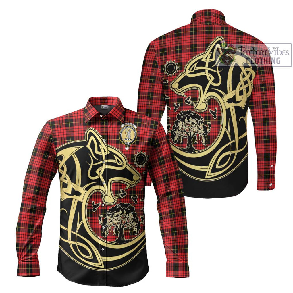 MacSwan Modern Tartan Long Sleeve Button Shirt with Family Crest Celtic Wolf Style Men's Shirt S - Tartan Vibes Clothing