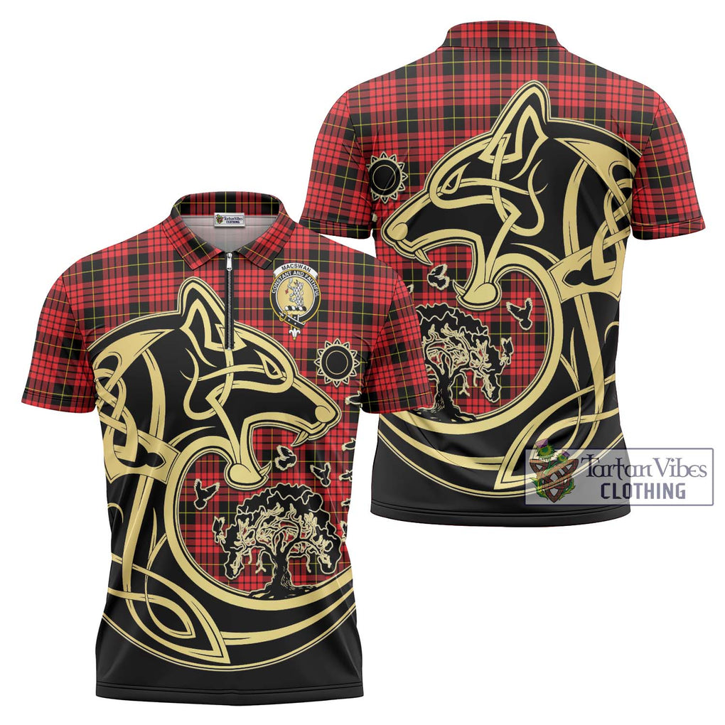 MacSwan Modern Tartan Zipper Polo Shirt with Family Crest Celtic Wolf Style Unisex - Tartan Vibes Clothing