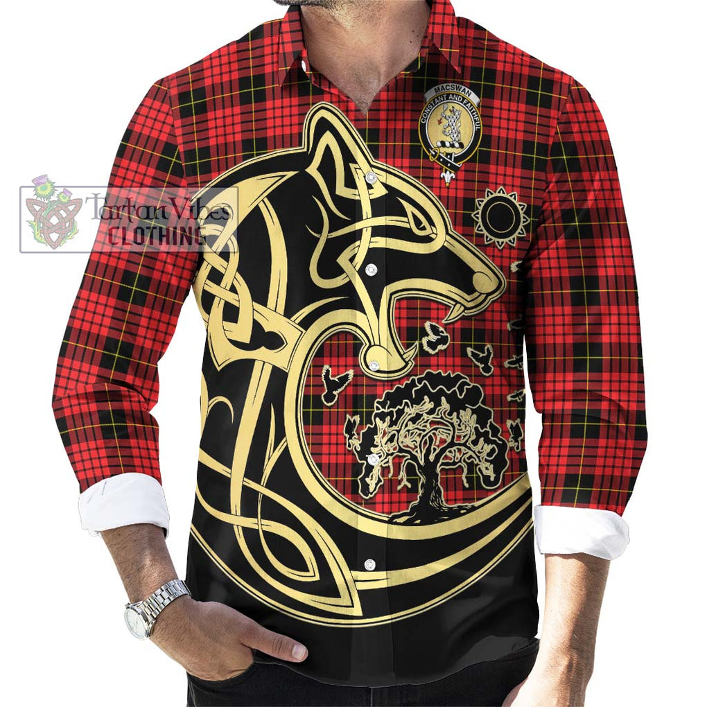 MacSwan Modern Tartan Long Sleeve Button Shirt with Family Crest Celtic Wolf Style - Tartan Vibes Clothing