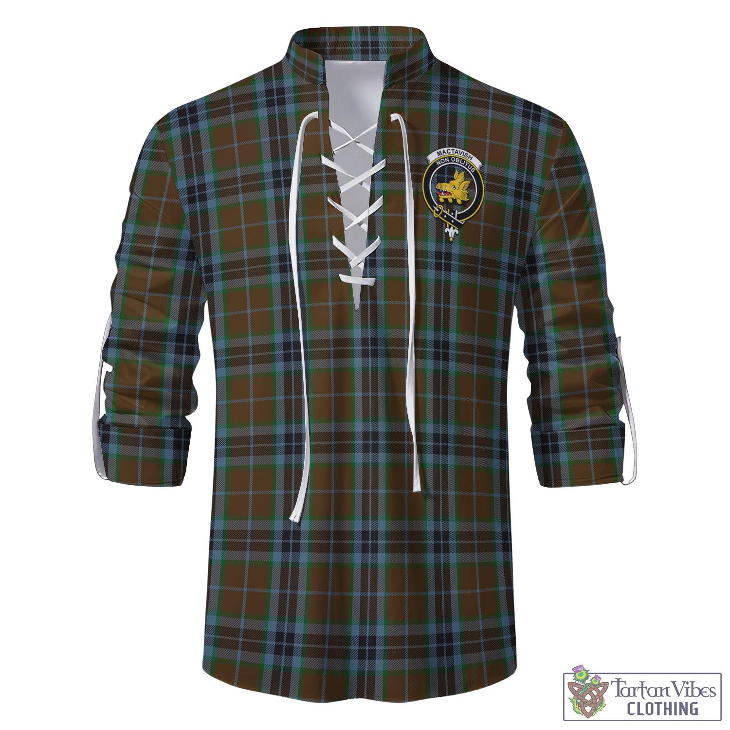 Tartan Vibes Clothing MacTavish Hunting Tartan Men's Scottish Traditional Jacobite Ghillie Kilt Shirt with Family Crest