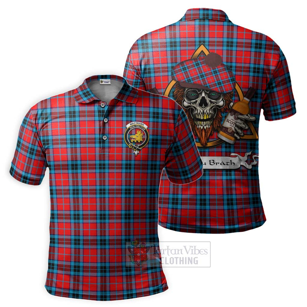 Tartan Vibes Clothing MacTavish (McTavish) Tartan Polo Shirt with Family Crest and Bearded Skull Holding Bottles of Whiskey
